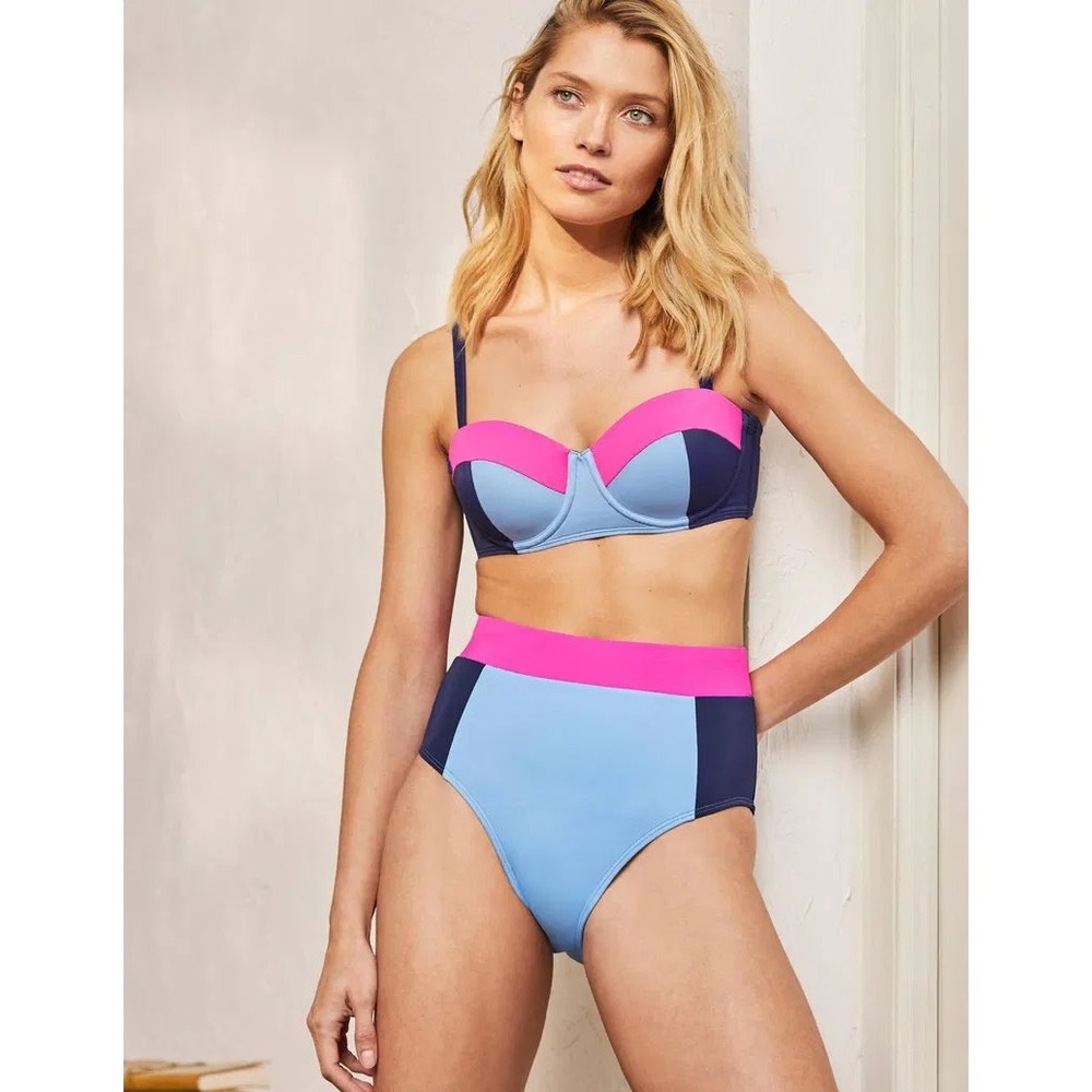 Boden Bikini Set Women 8/36C Blue Pink Colorblock High Waist Balconette Retro